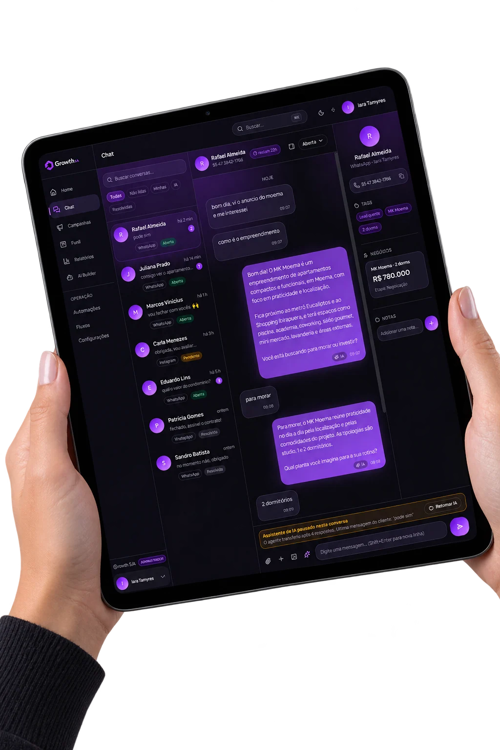 Growth Agent, agente de IA da Growth S/A, qualificando leads no WhatsApp