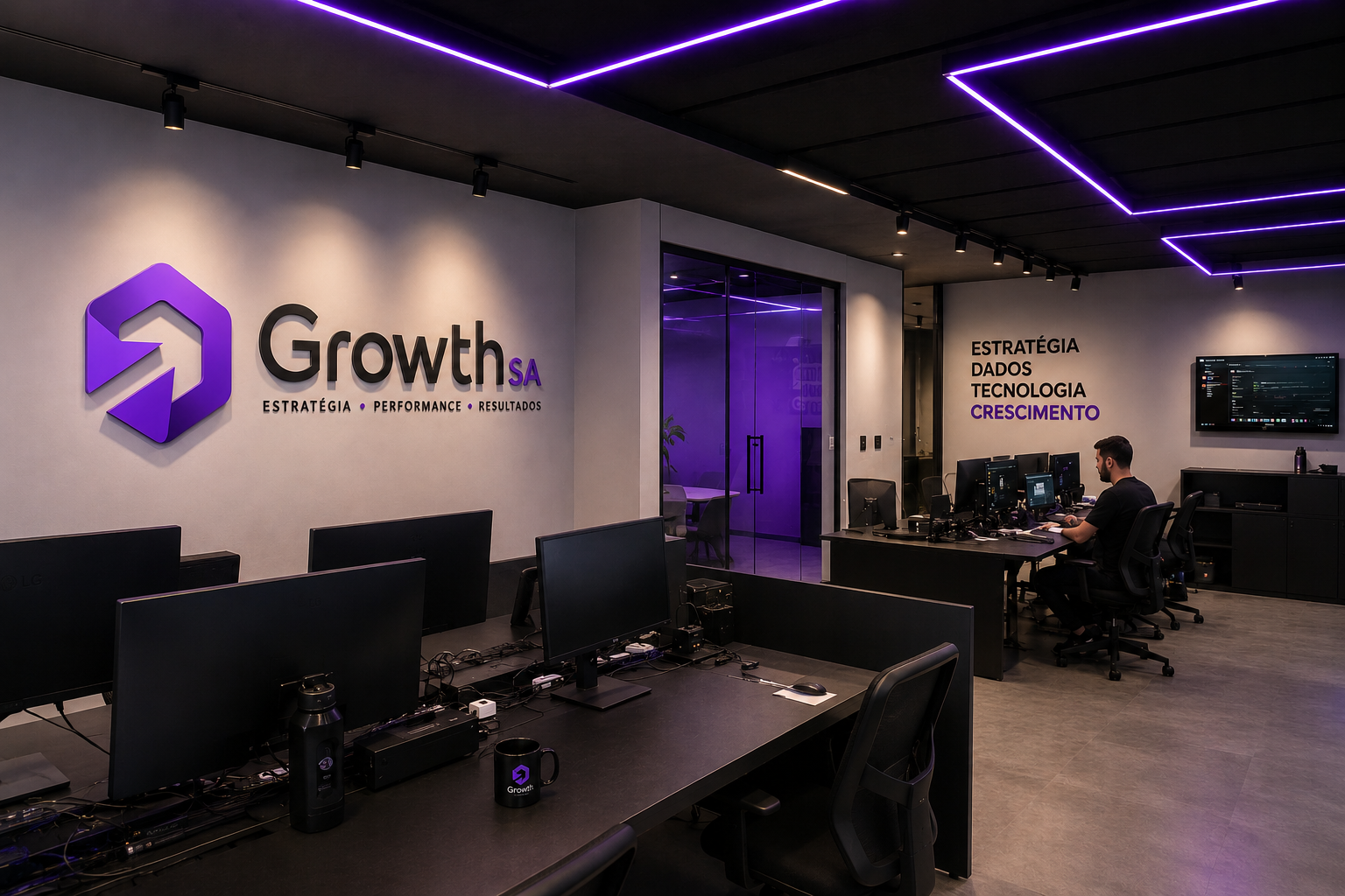 Escritório da Growth S/A com equipe de marketing e vendas em operação
