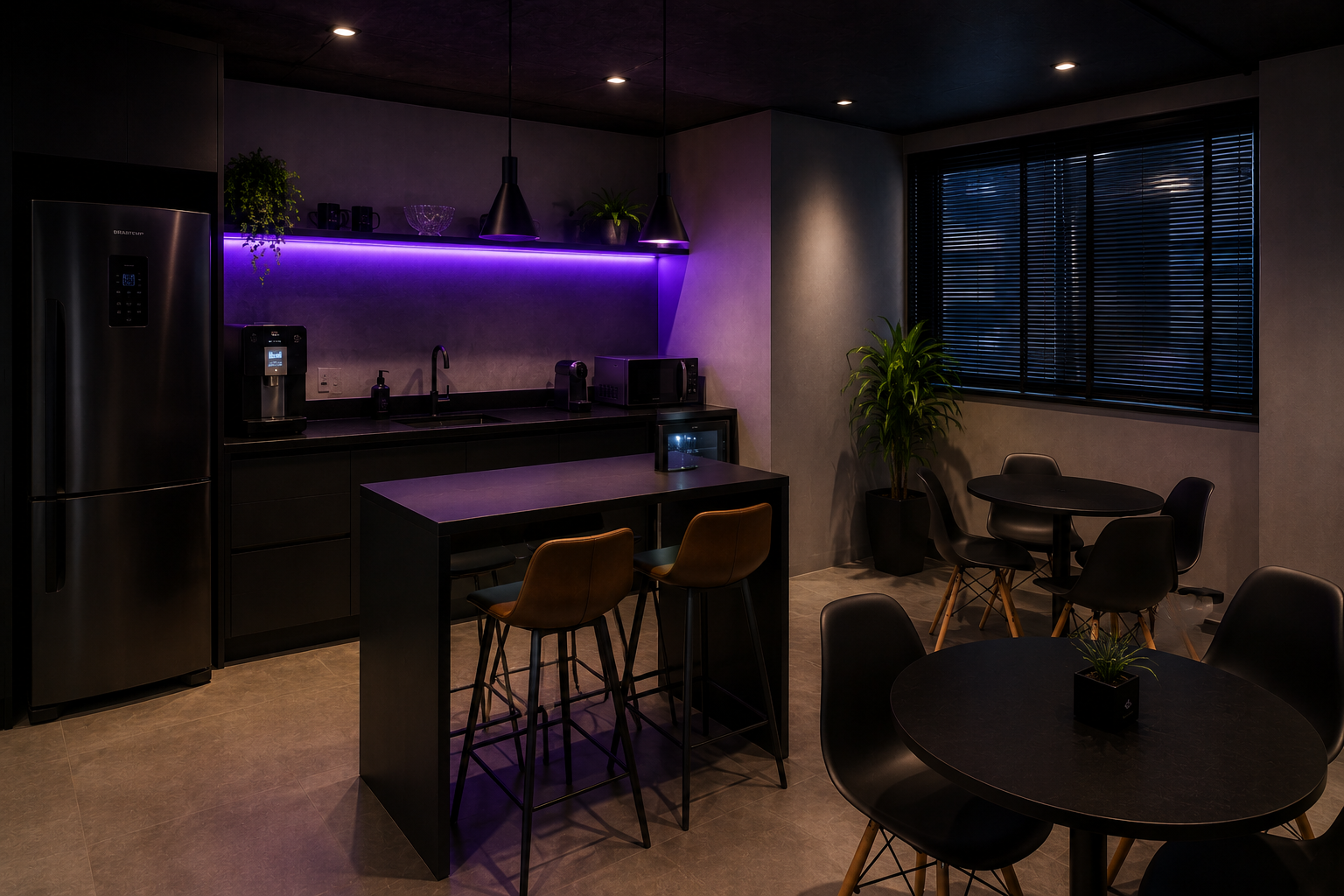 Ambiente do escritório da Growth S/A com iluminação em neon roxo