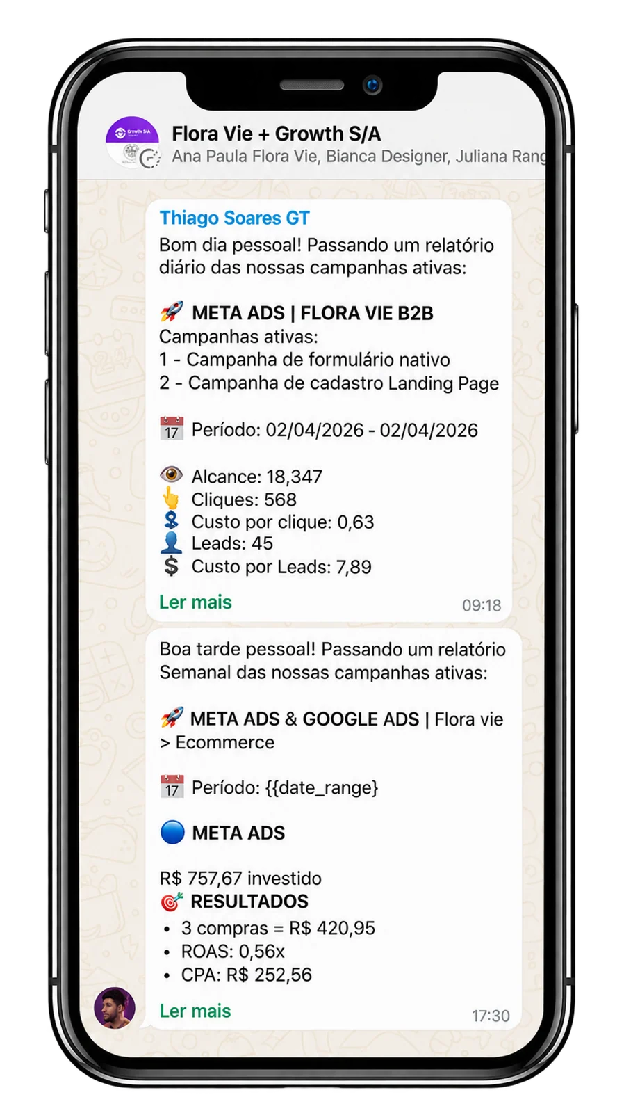 Grupo de WhatsApp com relatórios diários de desempenho das campanhas