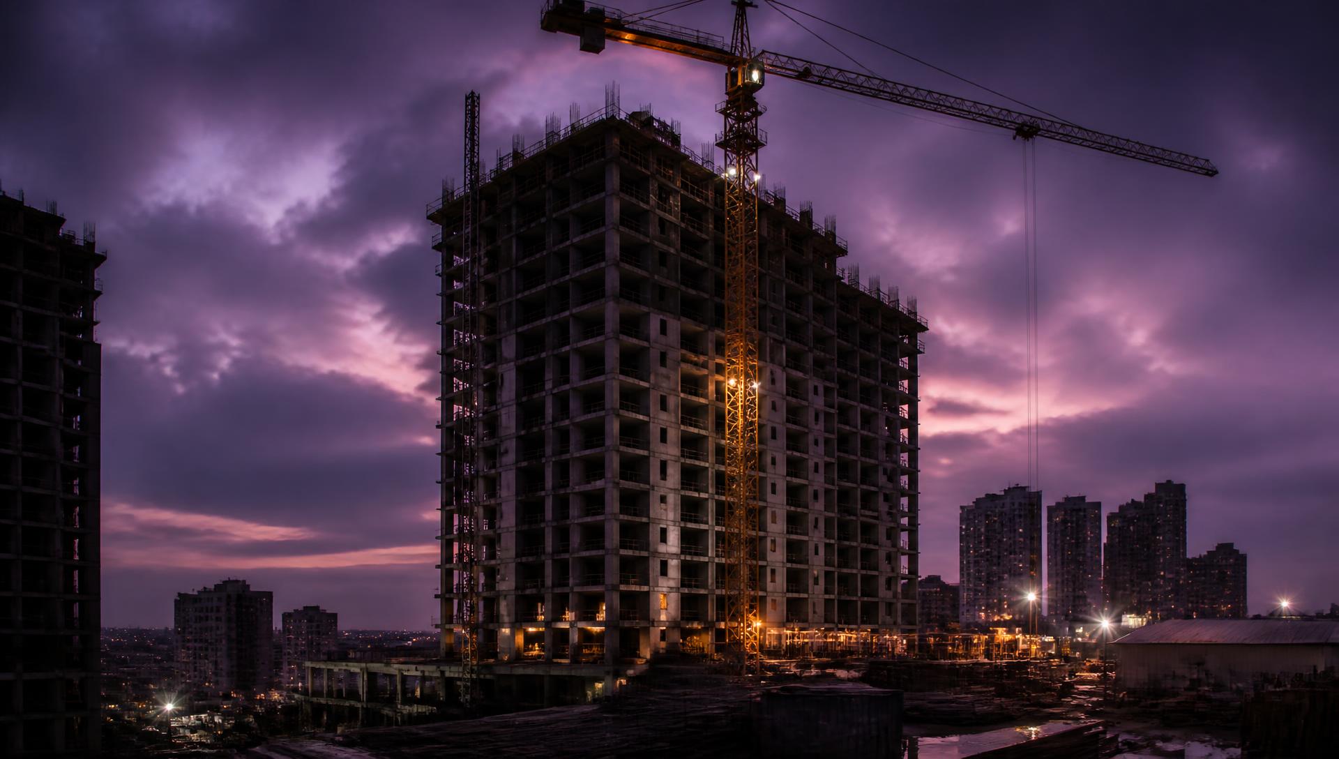Obra de construção civil ao entardecer